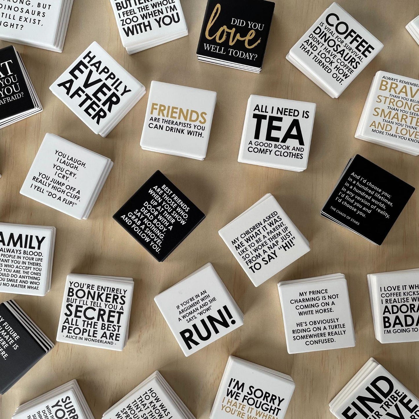 Message-led ceramic coasters with bold quote — minimal homeware gifts by Let’s Be Frank.