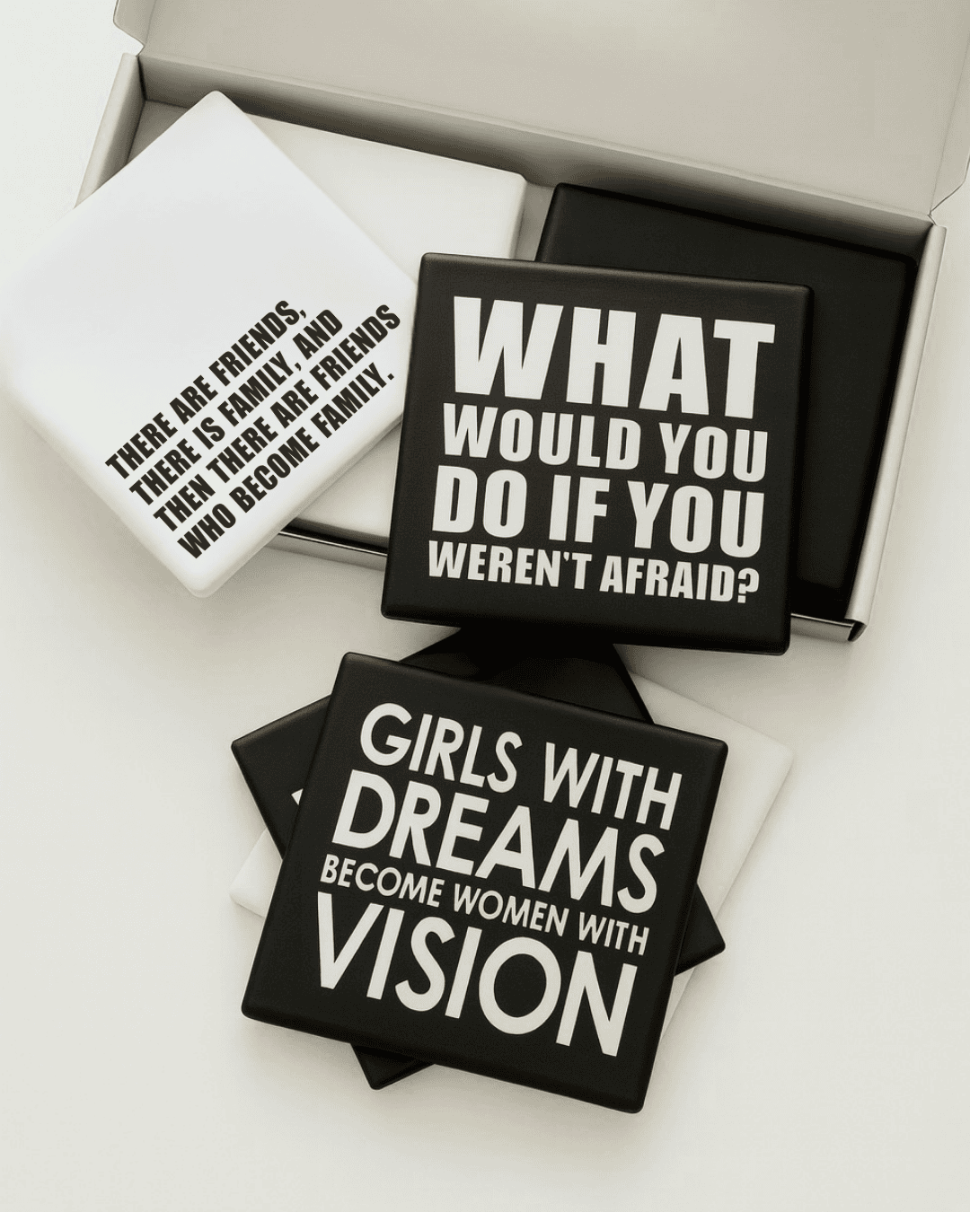 Message-led quote coasters — minimal ceramic homeware gifts by Let’s Be Frank.