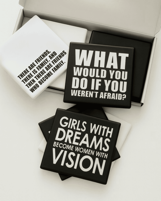 Message-led quote coasters — minimal ceramic homeware gifts by Let’s Be Frank.