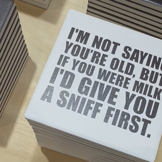 Message-led ceramic coasters with bold quote — minimal homeware gifts by Let’s Be Frank.