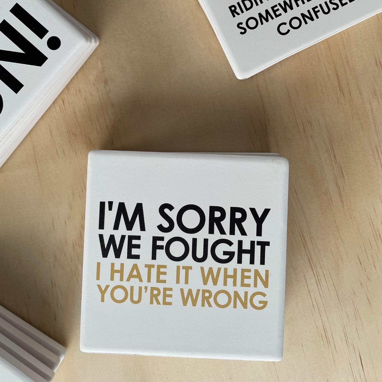 Message-led ceramic coasters with bold quote — minimal homeware gifts by Let’s Be Frank.