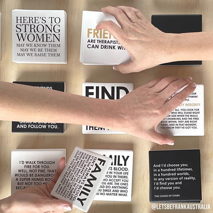 Message-led ceramic coasters with bold quote — minimal homeware gifts by Let’s Be Frank.